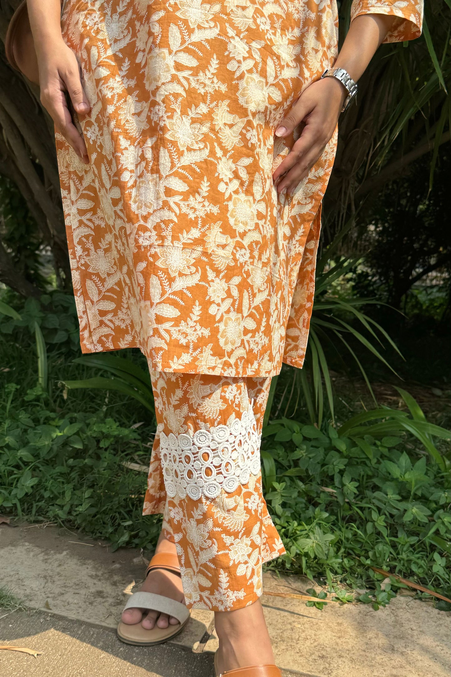 Orange Floral Pure Cotton Kurta Set with Lace Detailing