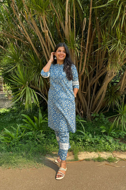 Blue Printed Pure Cotton Kurta Set with Lace Detailing