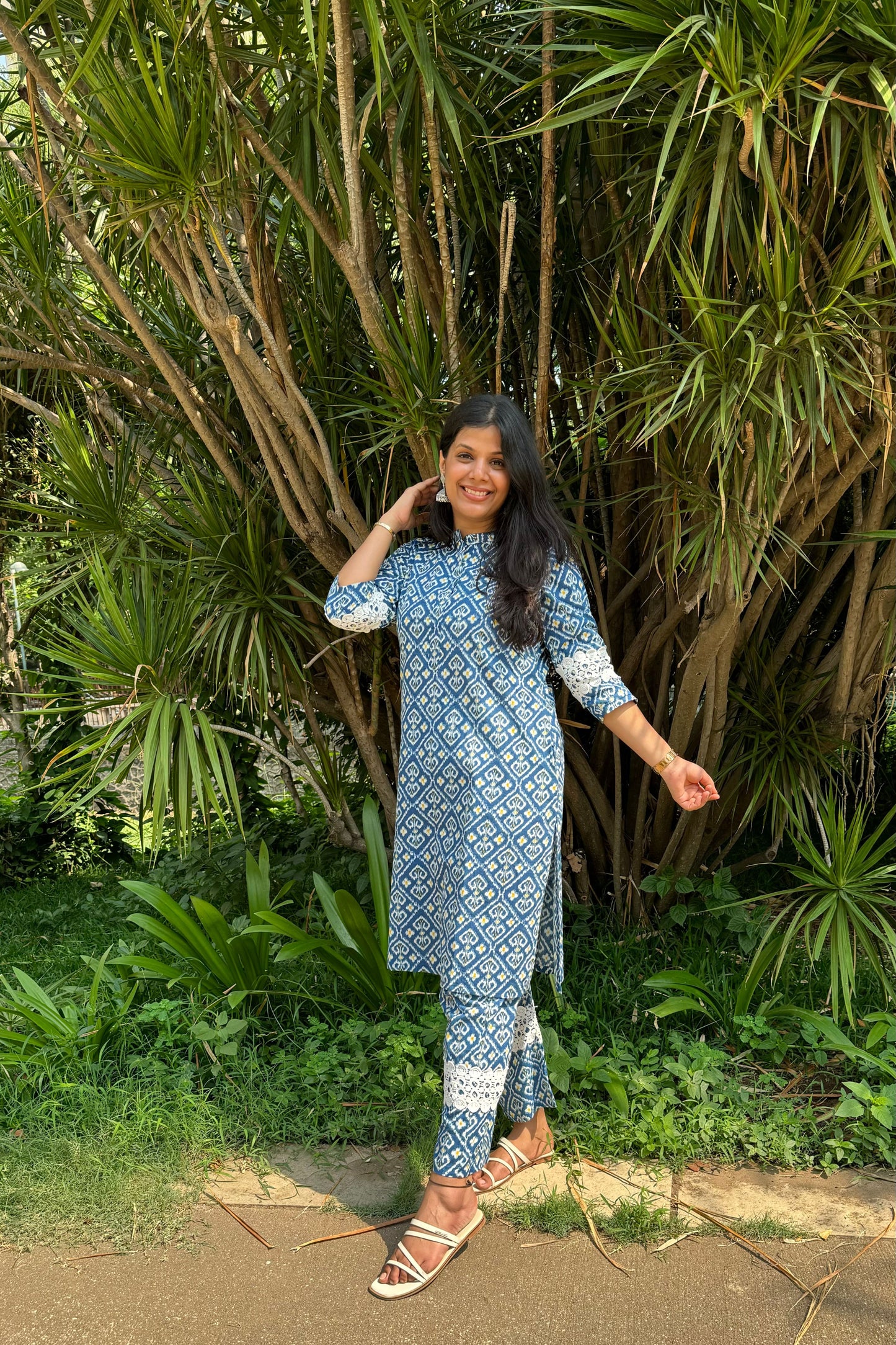 Blue Printed Pure Cotton Kurta Set with Lace Detailing