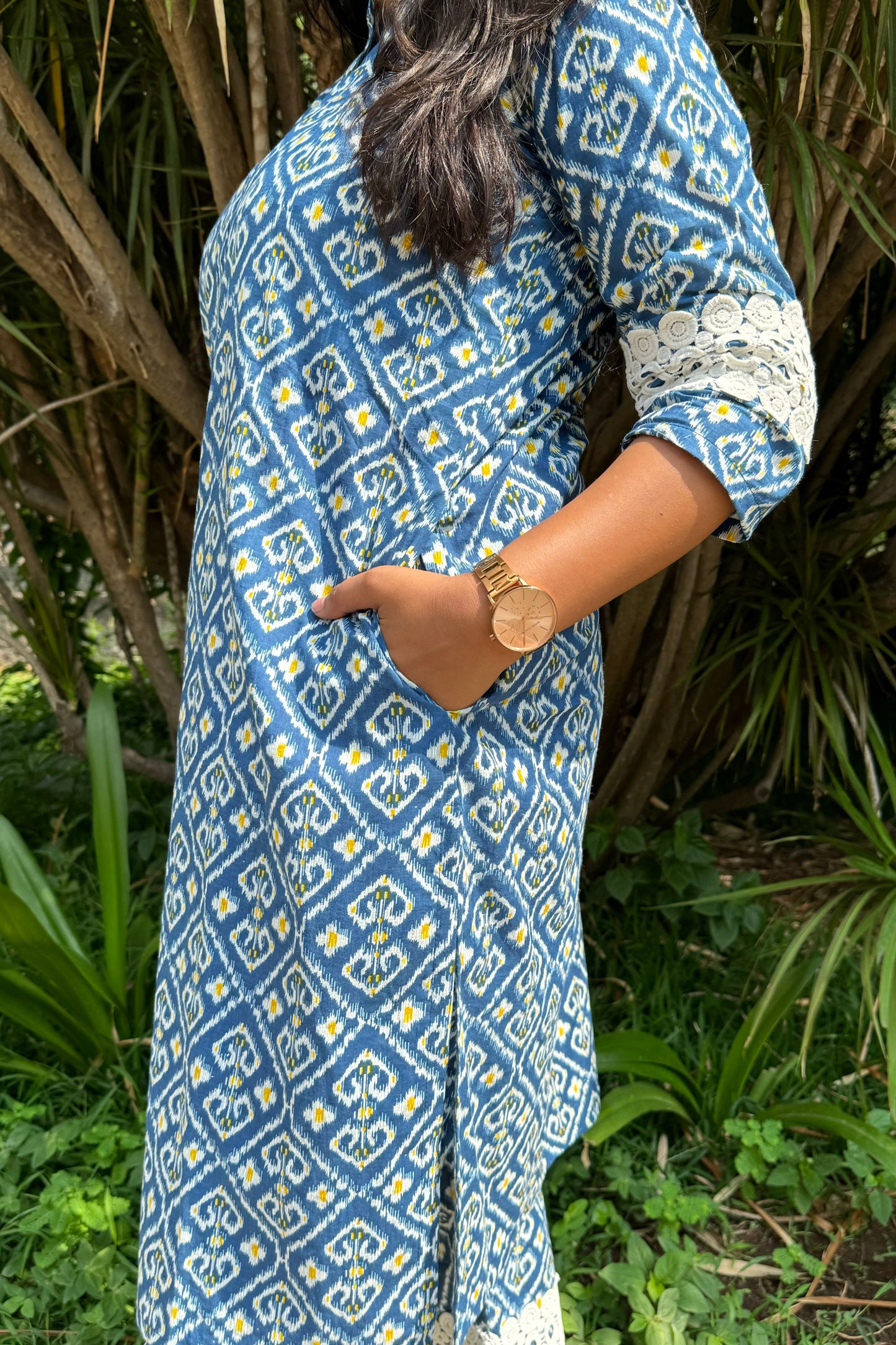 Blue Printed Pure Cotton Kurta Set with Lace Detailing