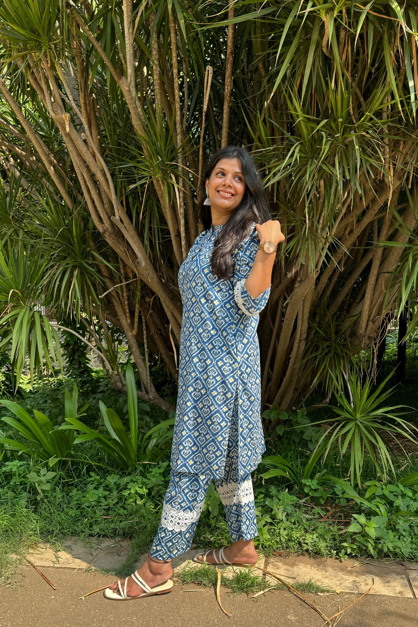 Blue Printed Pure Cotton Kurta Set with Lace Detailing