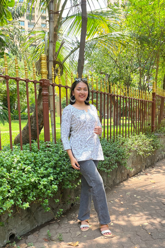 White Printed Pure Cotton Short Top