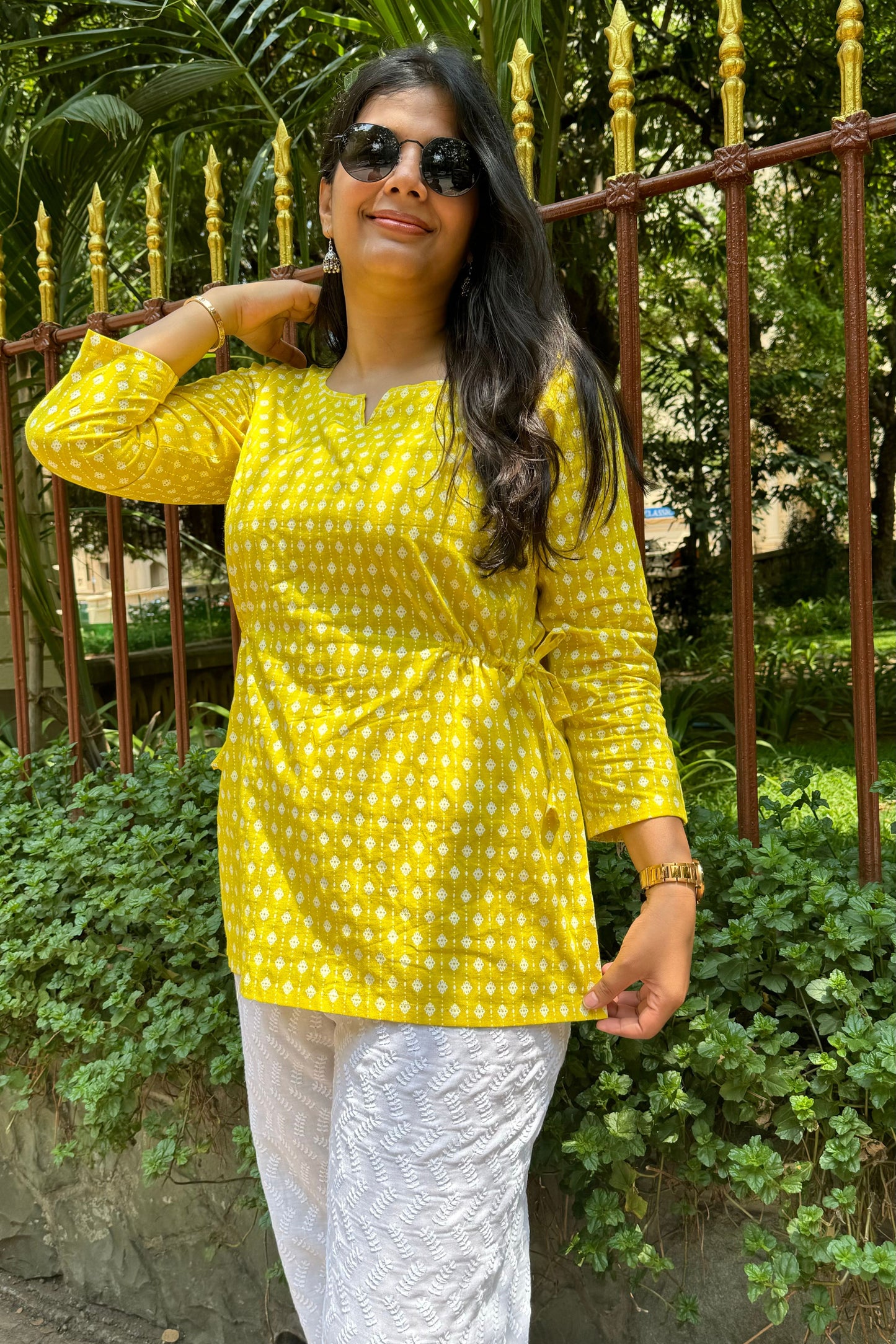 Yellow Printed Cotton Short Top