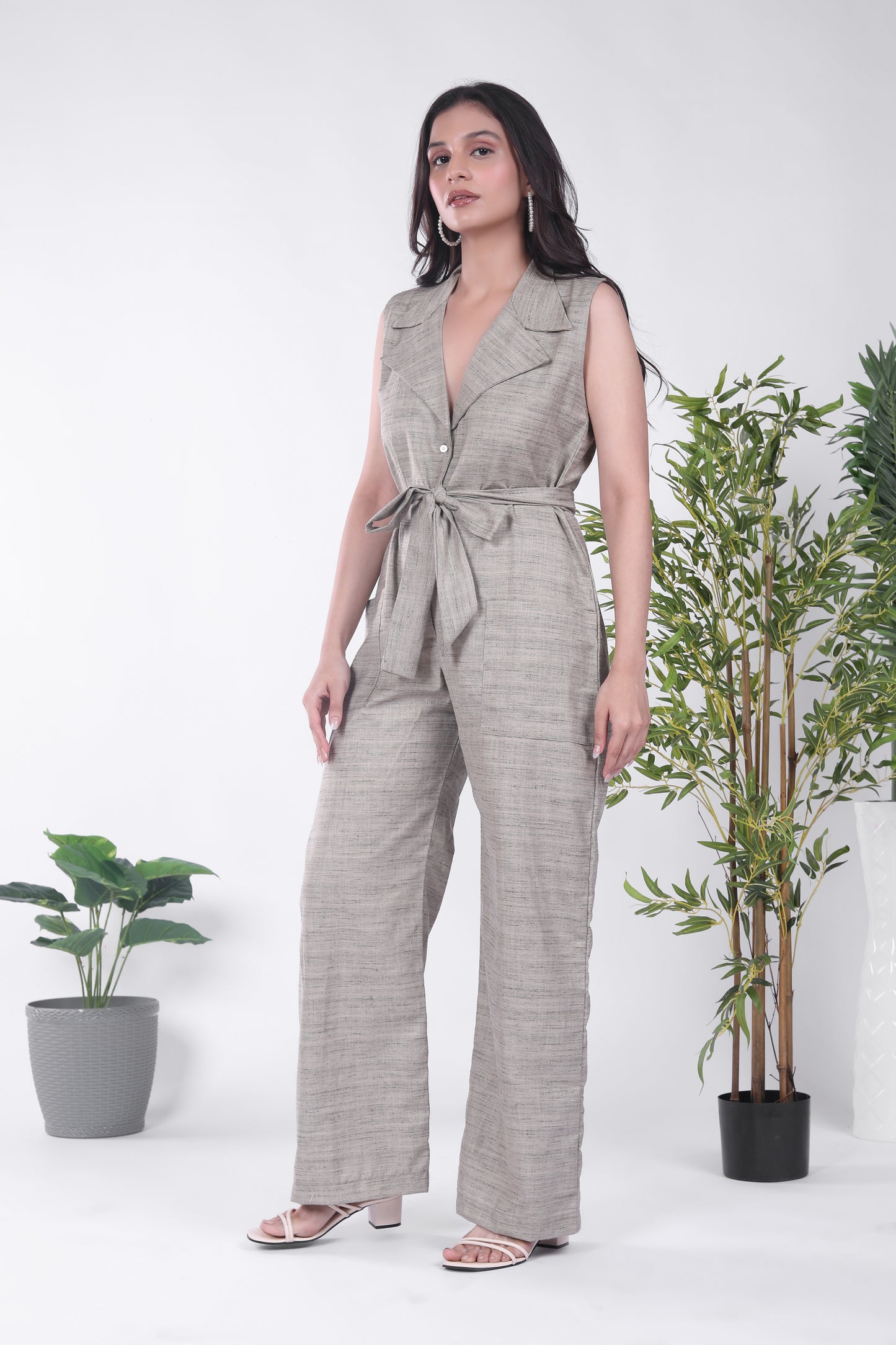 Solid khaki collared jumpsuit