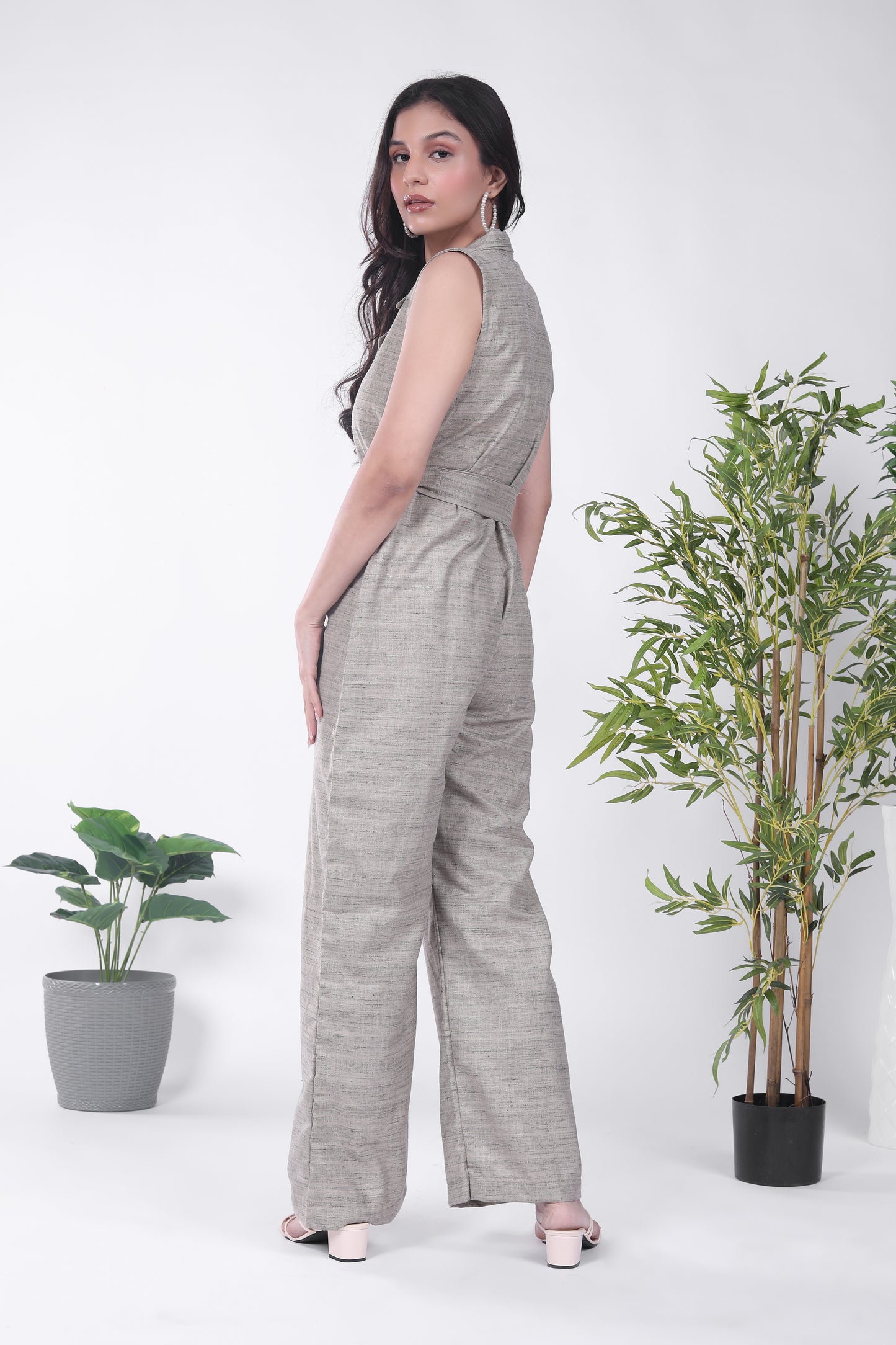 Solid khaki collared jumpsuit