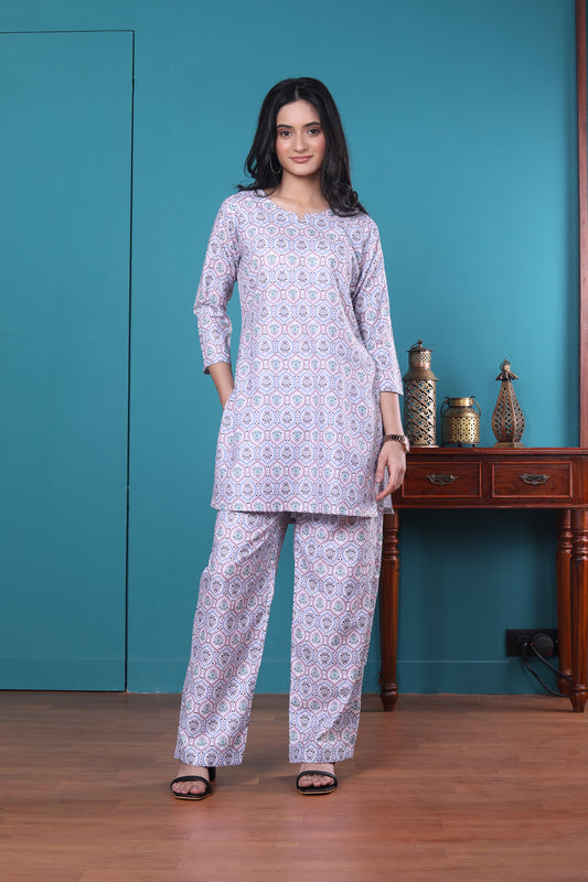 White printed co-ord set with short kurta