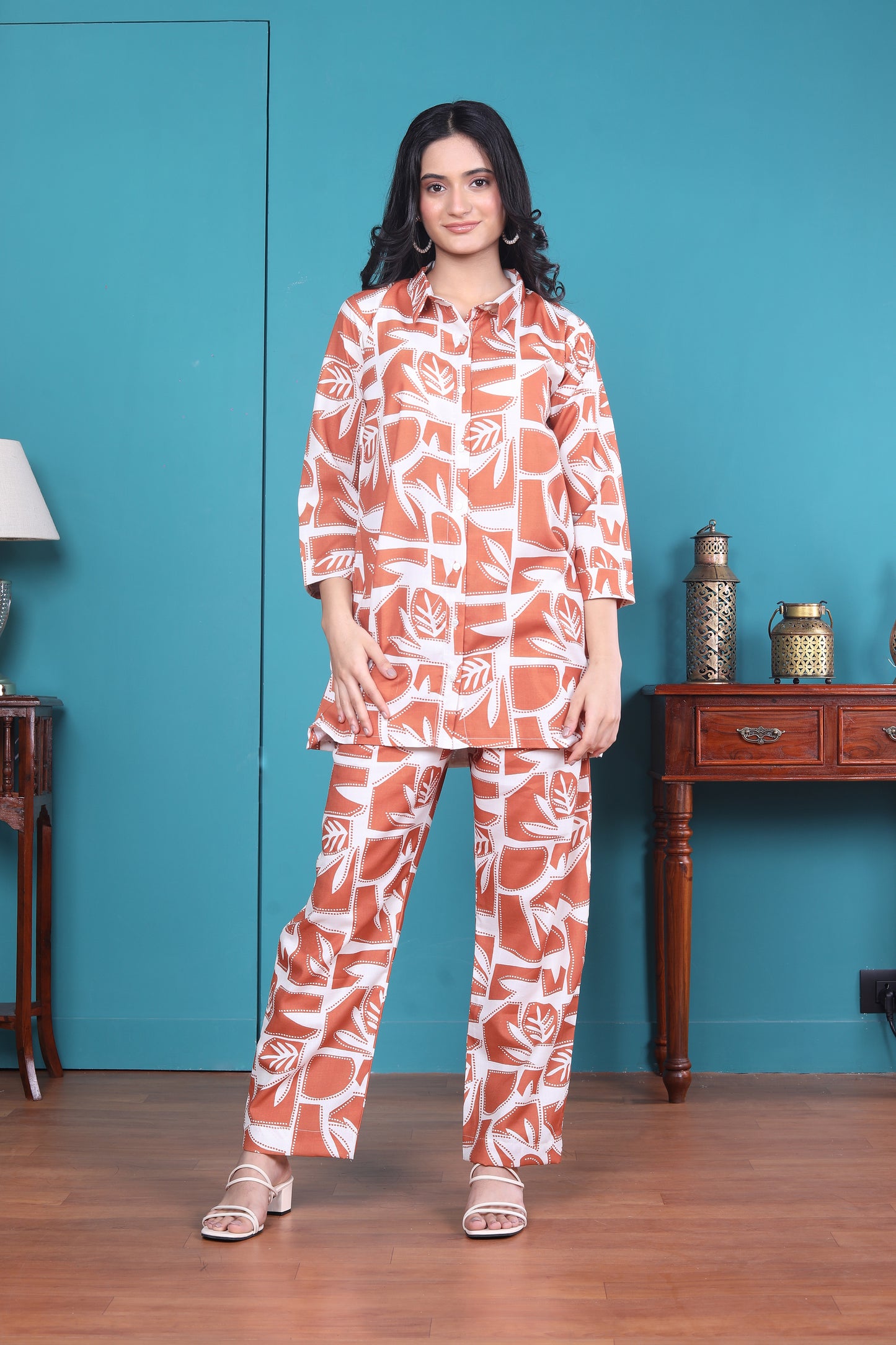 Orange leaf printed Co-ord set with shirt style kurta