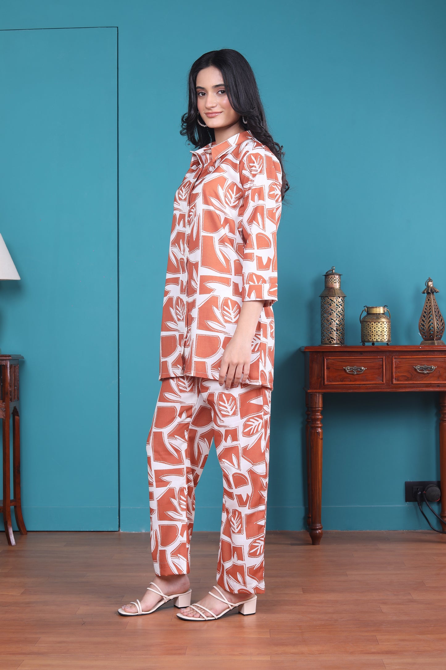 Orange leaf printed Co-ord set with shirt style kurta