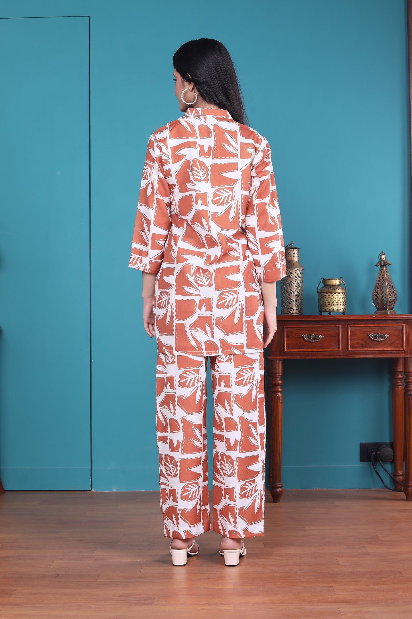 Orange leaf printed Co-ord set with shirt style kurta