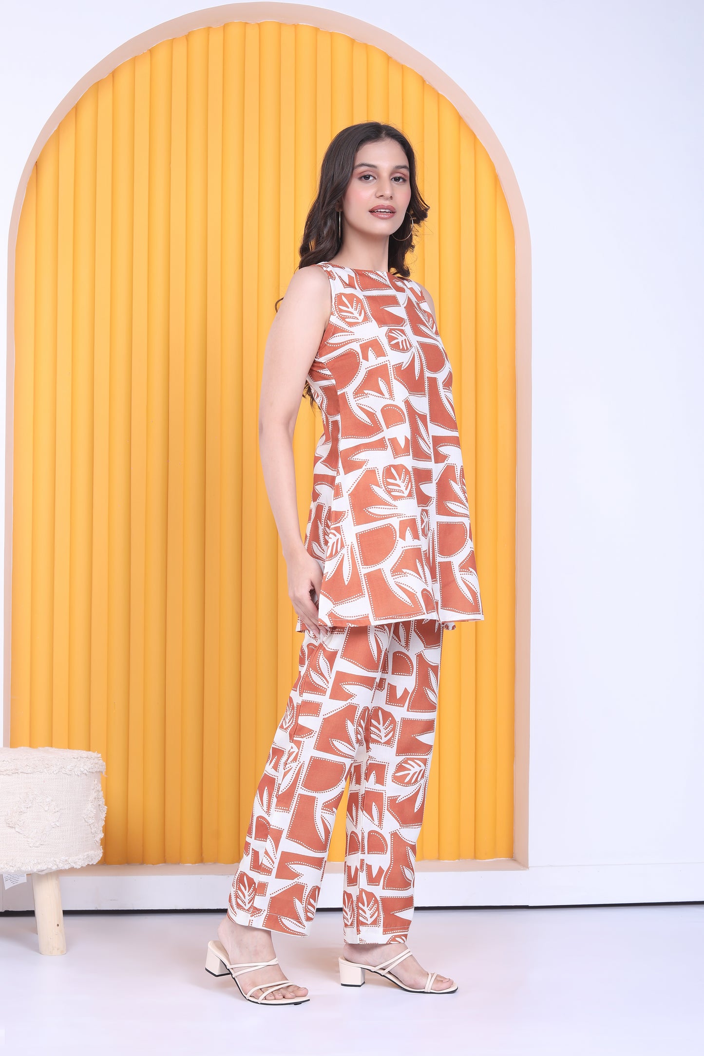 Orange leaf printed co-ord set with sleeveless top